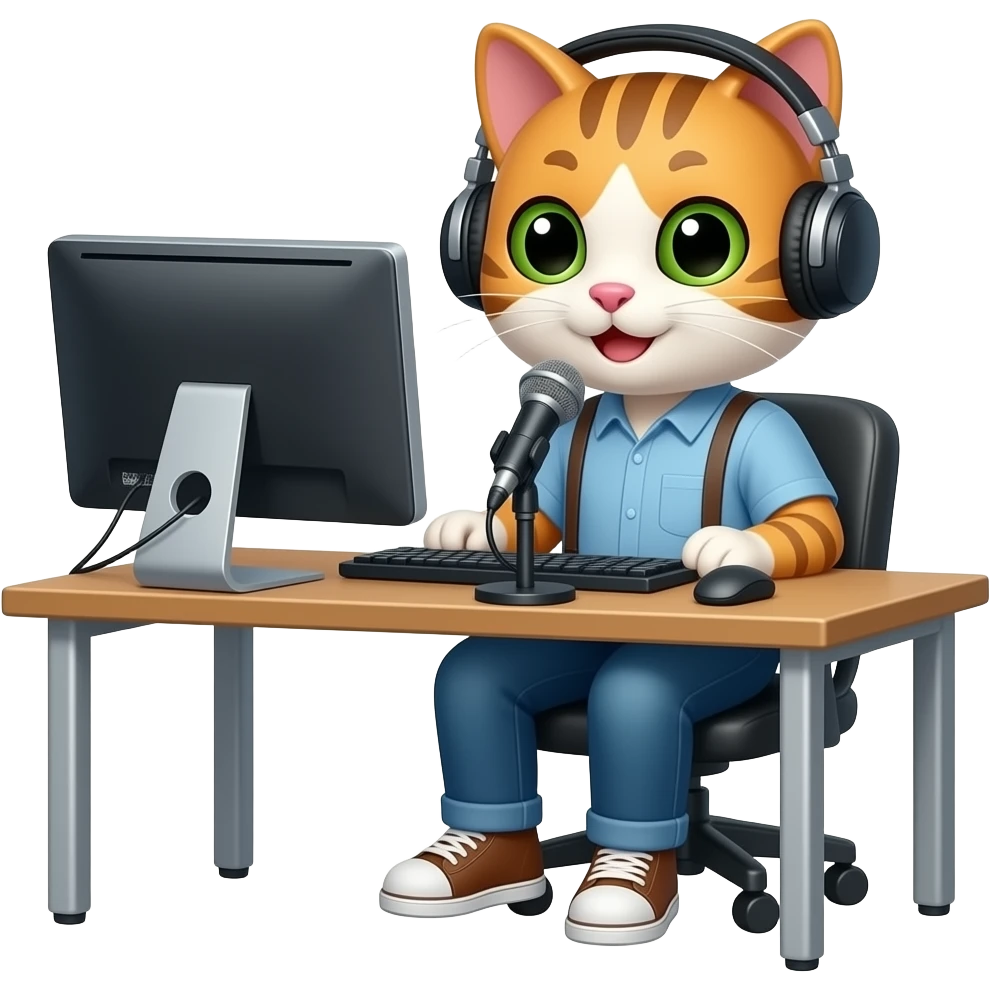 Napster kittyhead logo as the head on a cat podcaster sitting at desk with computer, microphone and headphones emoji