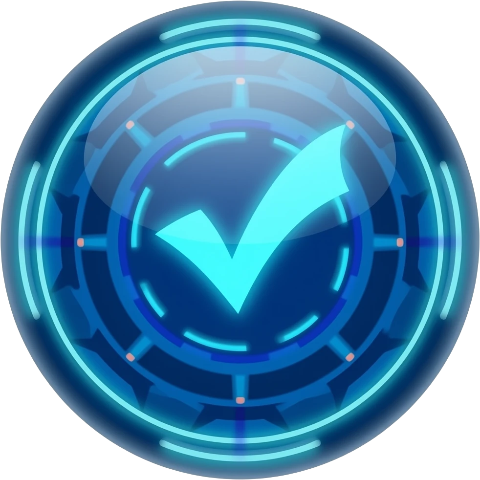Generate a high-tech list bullet point emoji featuring a Deep blue (#00008B) sphere with neon highlights, geometric patterns, and a futuristic glow effect. emoji