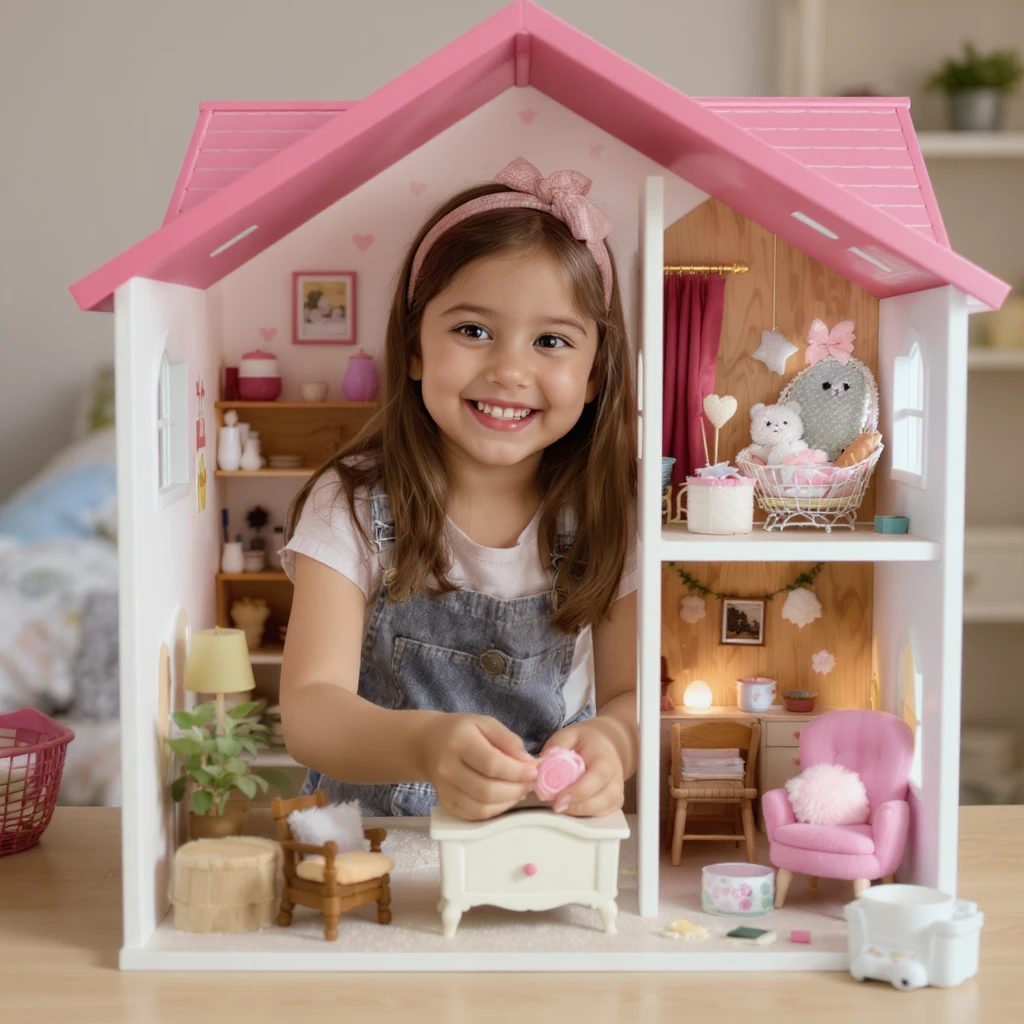smiling girl arranging furniture in doll house emoji