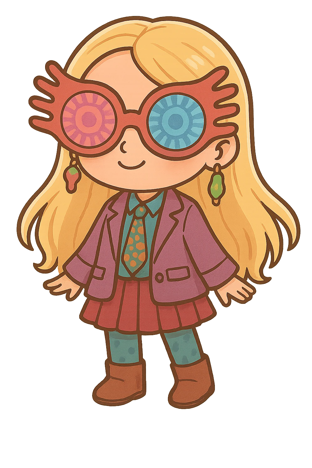 Add Luna Lovegood's iconic large, colorful, and fun-shaped glasses on the character's face, keeping the cute and cartoon style of the image. emoji