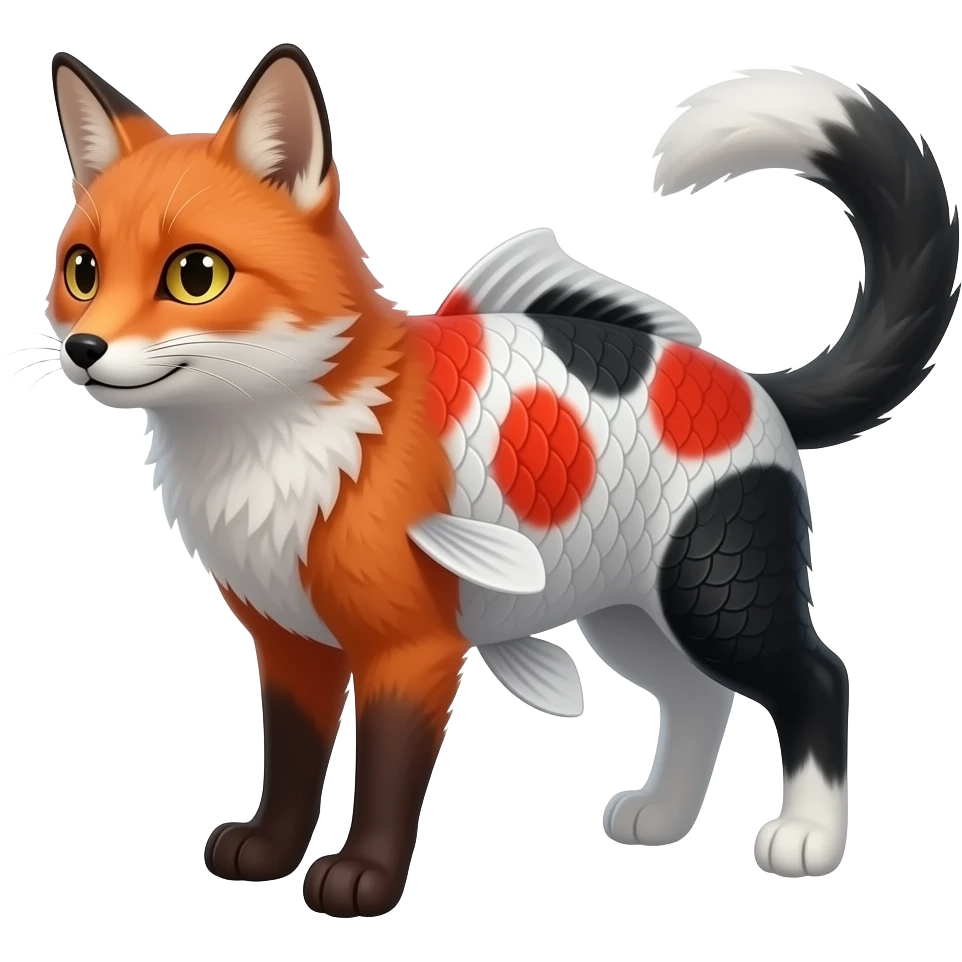 White, black, red, Koi-fish-fox-cat with thick fleshy catfish-whiskers emoji