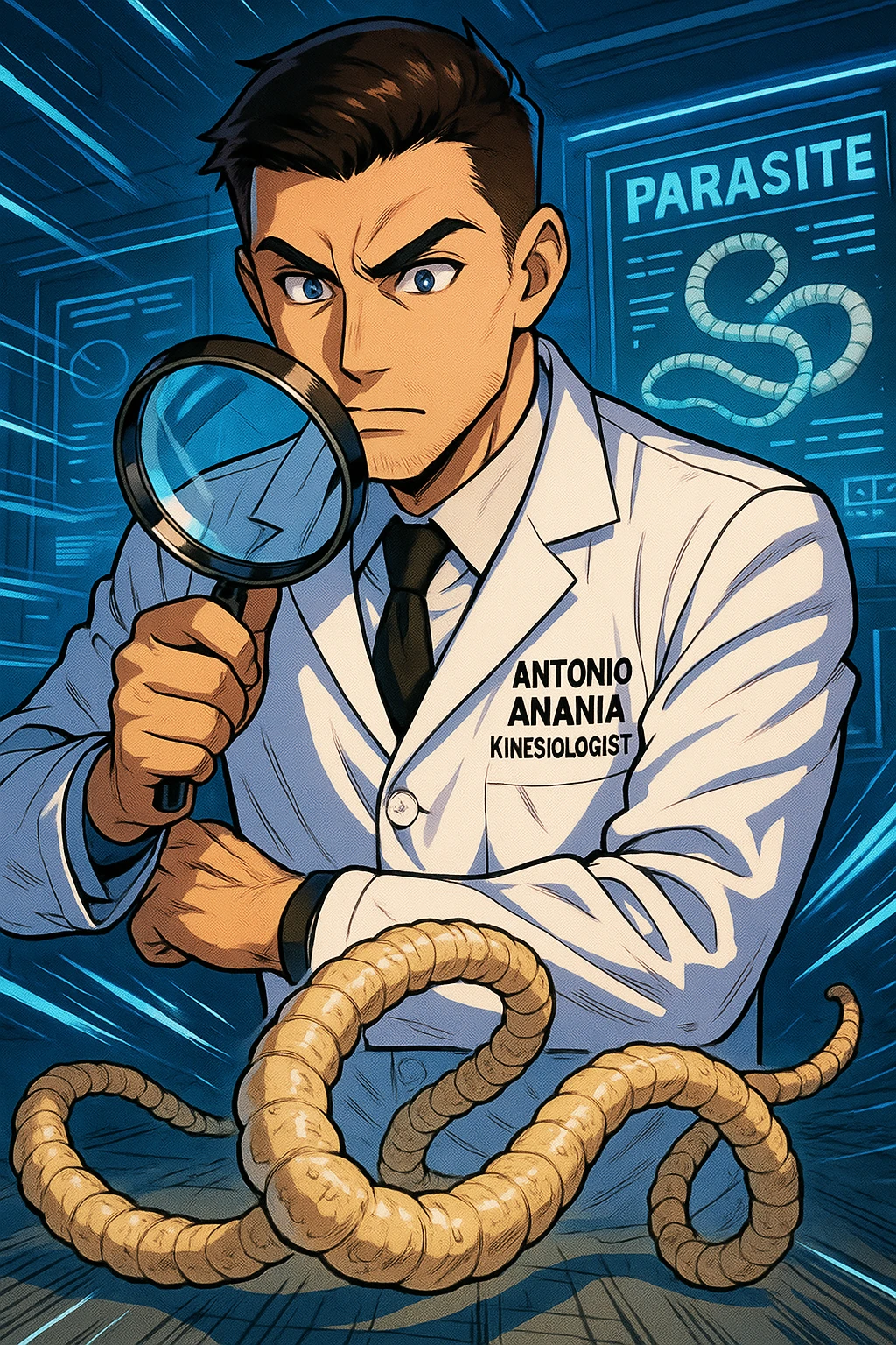 A dynamic manga/webtoon-style illustration of a young male kinesiologist wearing a clean white lab coat, analyzing light beige worms like a tapeworm under a magnifying glass. His expression is focused and slightly intrigued, with sharp, detailed eyes. The art style is vibrant, with bold linework, rich colors, and dramatic lighting. The background is a futuristic laboratory with glowing holographic screens displaying parasite data. The tapeworm is intricately drawn, slimy and segmented, with a slightly exaggerated yet realistic texture. The composition is dynamic, with motion lines or energy effects to emphasize his scientific investigation. The atmosphere is intense but not dark, keeping a balance between scientific seriousness and stylish manga aesthetics, he has "ANTONIO ANANIA" WRITTEN ON WHITE LAB COAT emoji