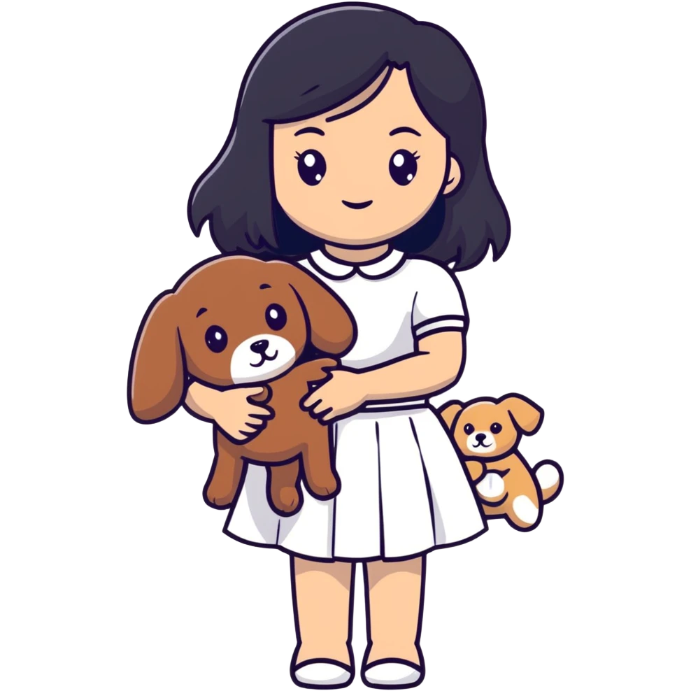 beautiful girl with long straight black hair wearing a white skirt holding a small brown curly teddy dog emoji