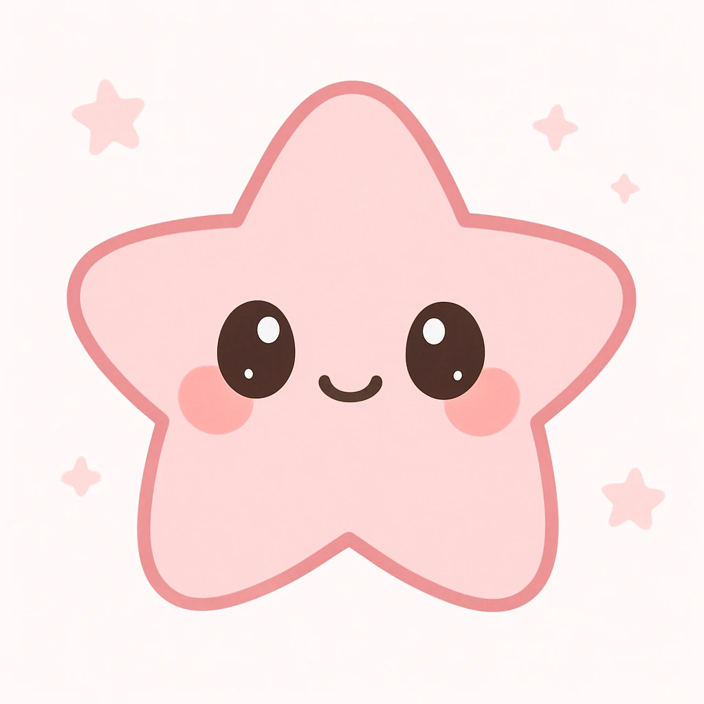 sweet pink star character, kawaii style, blushing cheeks, soft pink tones, friendly expression emoji