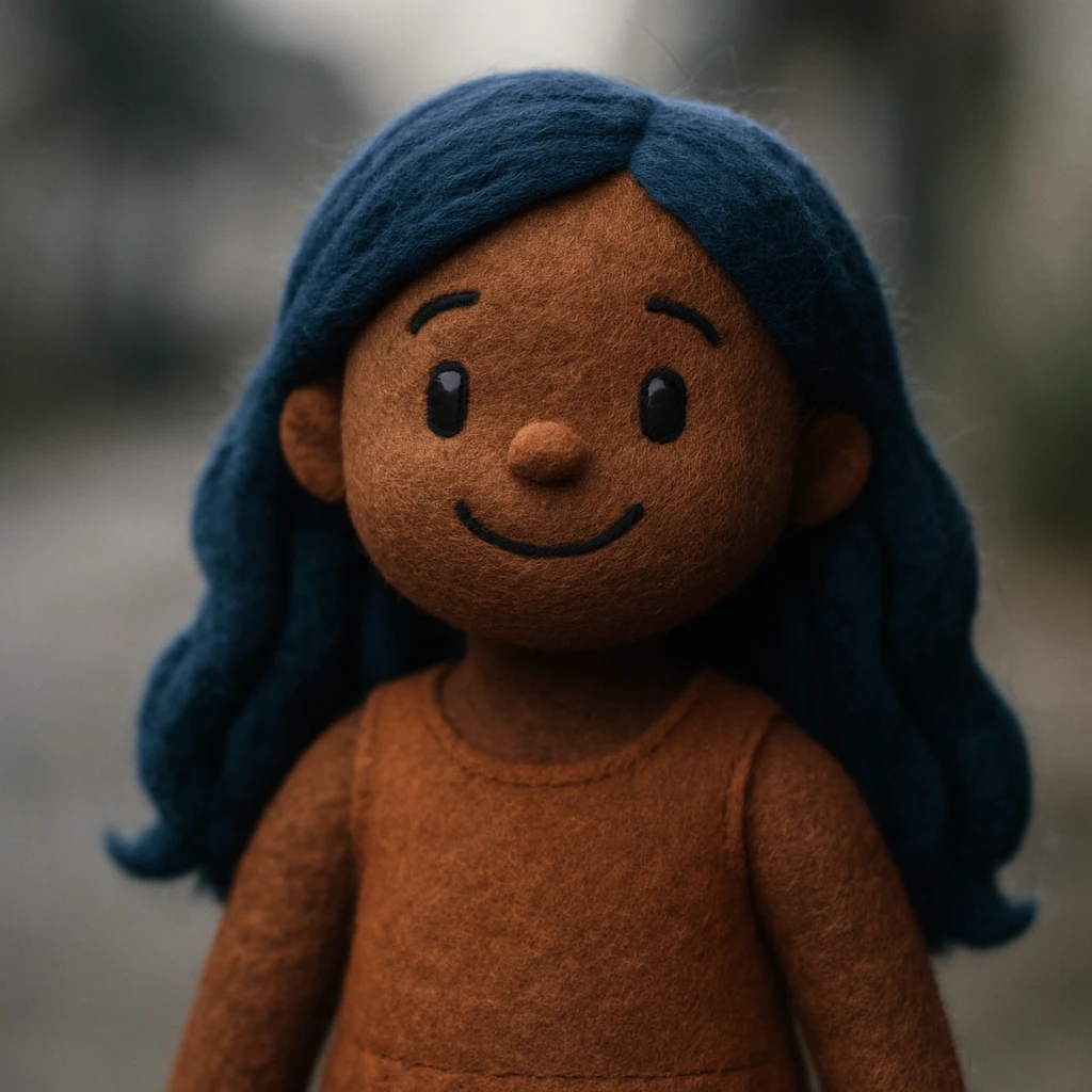 smiling girl with dark skin and long wavy blue hair, friendly expression, upper body emoji