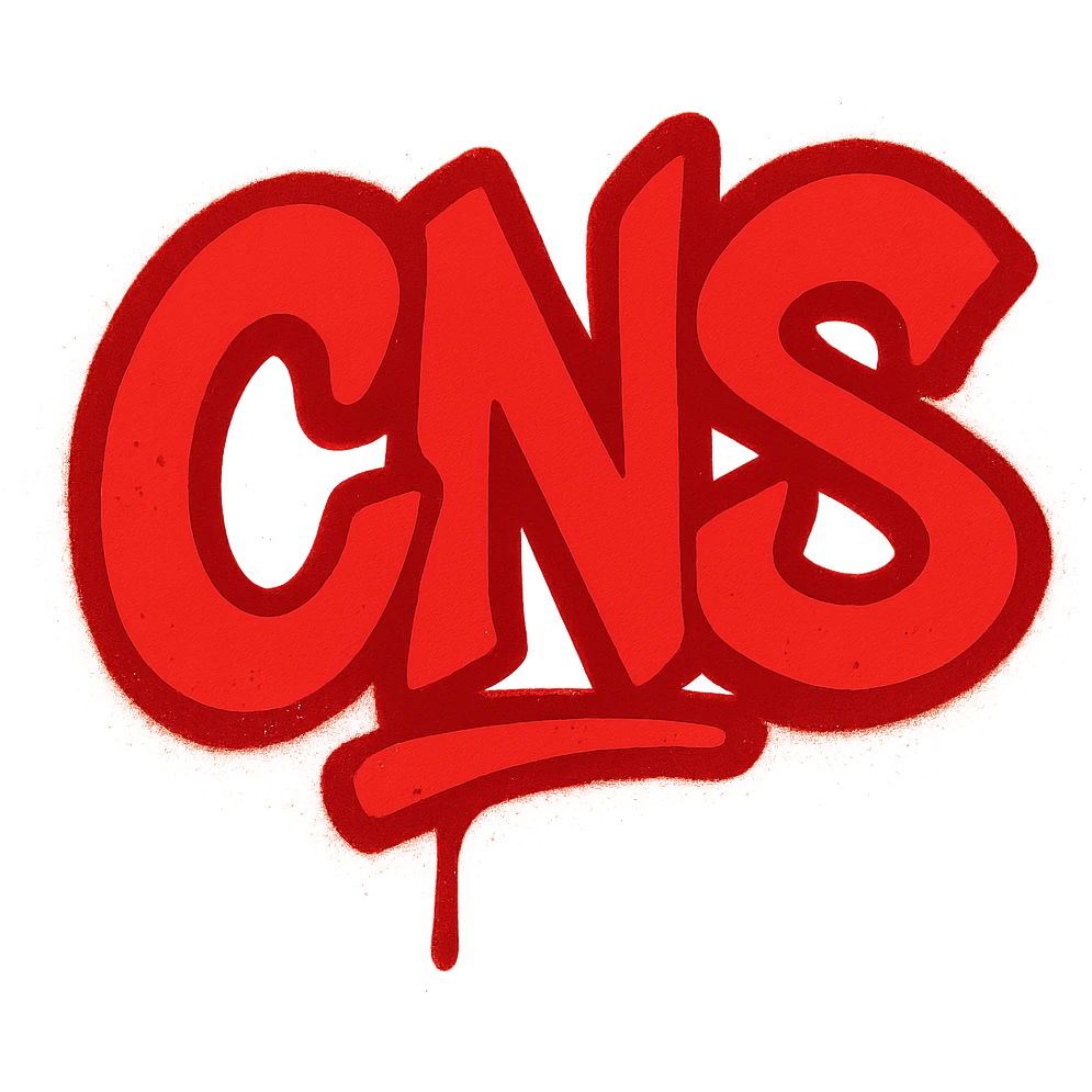 Сделай красное граффити с надписью "CNS" в стиле emoji iOS без фона emoji