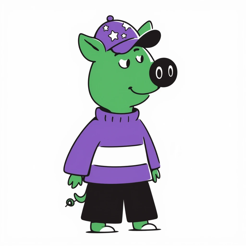 A green pig, in a purple sweatshirt, with a purple cap with a pattern of stars on his head emoji