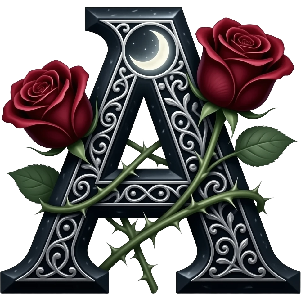 A heavy obsidian letter 'A' with silver filigree engraving. Deep red velvet roses with thorny stems wrap over the letter. Glowing moonlight effect, dark and moody atmosphere, high contrast, cinematic emoji