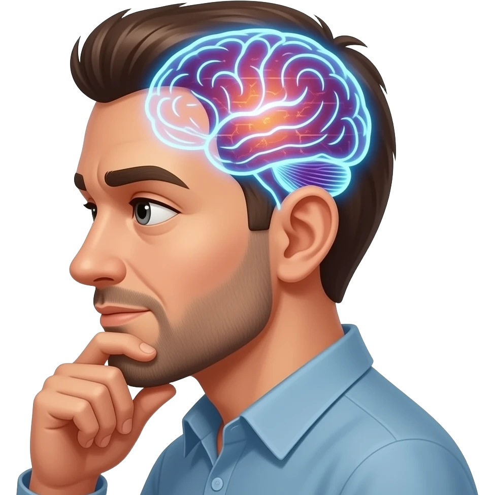 ...thinking pose, hand on chin, glowing digital brain patterns. emoji