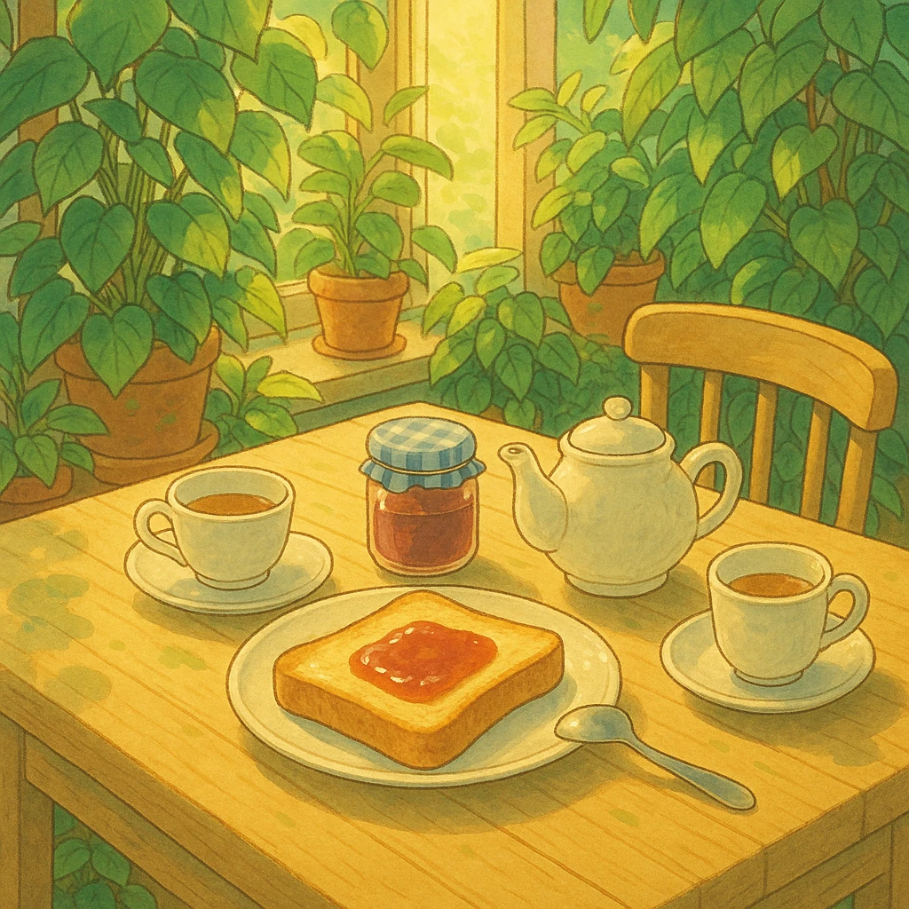 a cozy Ghibli-style breakfast table with toast, jam, and tea, surrounded by plants and morning sunlight emoji