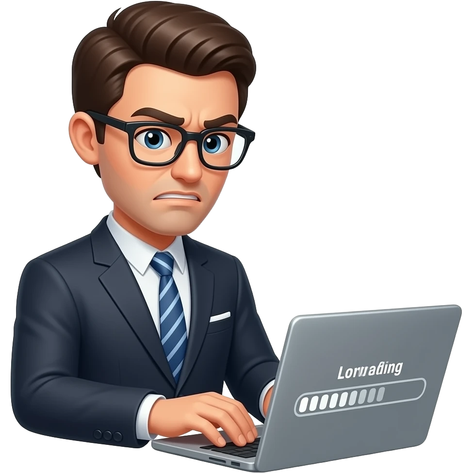 Man working at laptop Waiting for long hours of loading, wearing formal, wearing glass and pissed on waiting long emoji