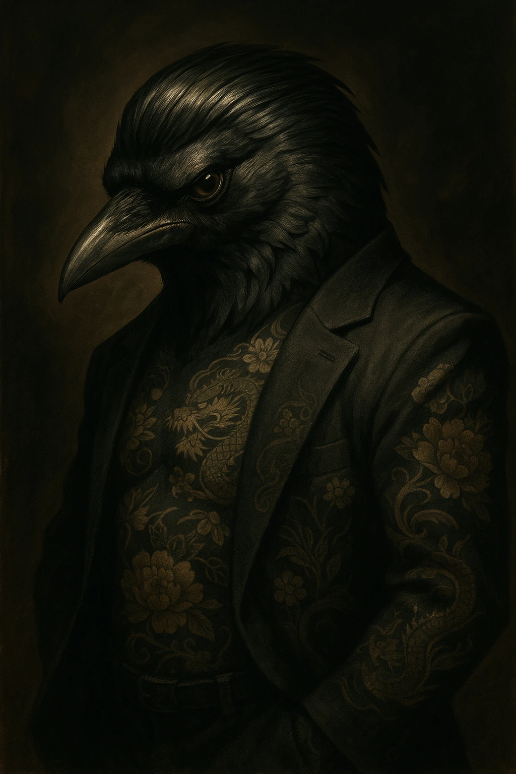 A crow with a yakuza aesthetic, featuring slicked-back feathers, a sharp gaze, and subtle tattoos, in a dramatic pose. emoji