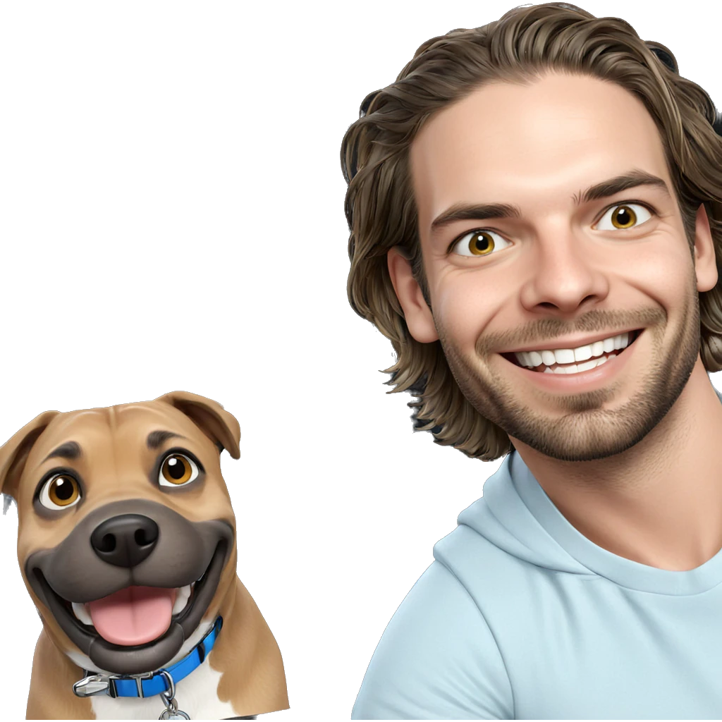 smiling boy with dog emoji