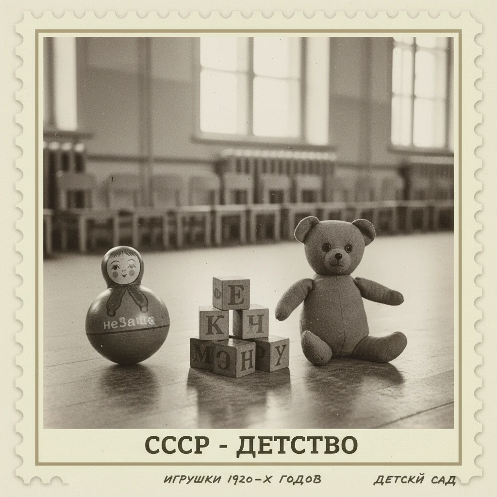 Марка на которой изображены игрушки 1920-х годов в СССР: неваляшка, кубики, медвежонок. На заднем фоне за игрушками - стульчики, батареи и окна детского сада

Стиль марки такой же, как на прикрепленном фото emoji