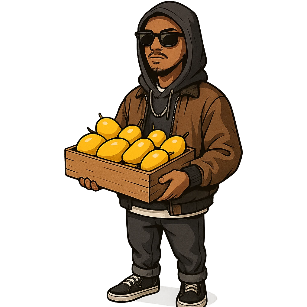 a cool mango seller dressed in modern street fashion, sunglasses, and a hoodie, with mangoes emoji