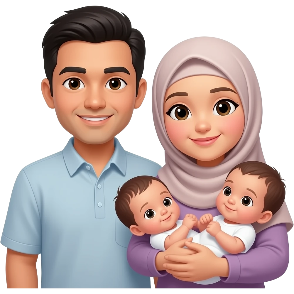 Muslim asian family, father with short hair, mother wearing hijab, and a new born baby girl emoji