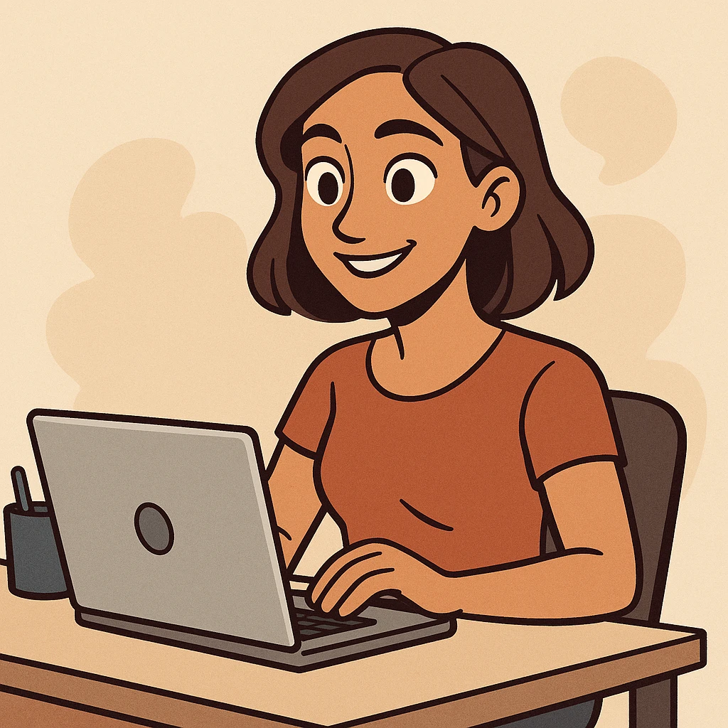 tan woman with brown eyes and brown shoulder length hair, working at a desk with a laptop, looking productive, modern illustration emoji