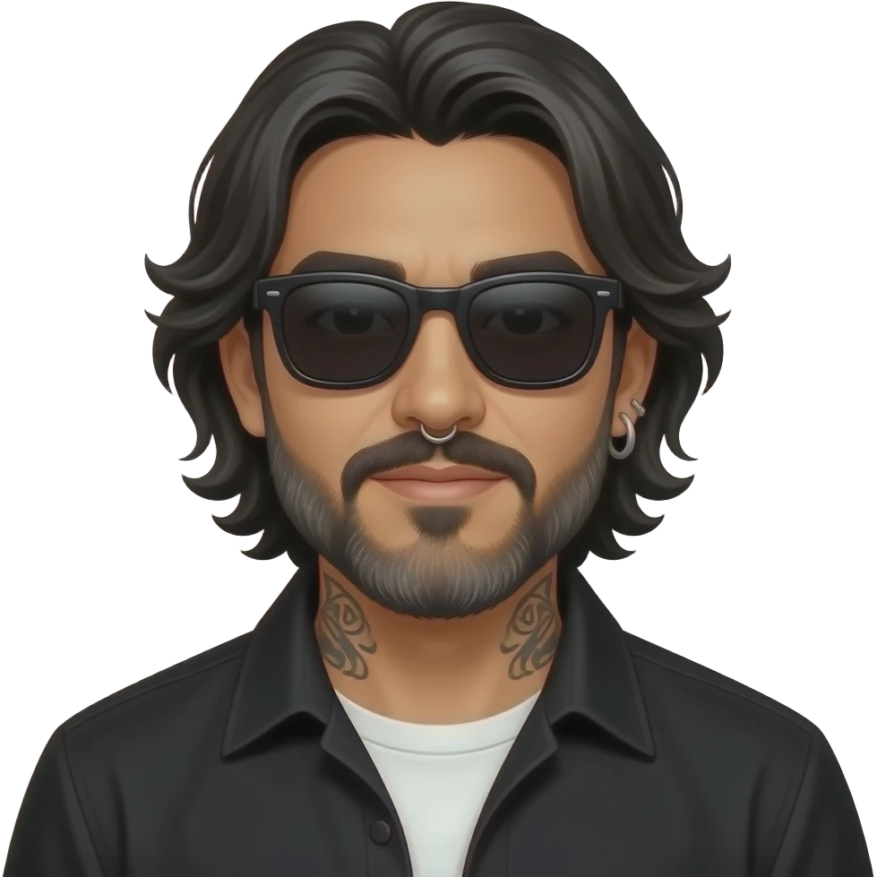 A podcast host who is a handsome Latino man with medium length hair and pretty long beard with some grays and tattoos with a right nose hoop and a left earring hoop wearing all black with a white undershirt and black sunglasses emoji
