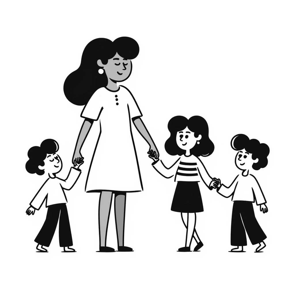 black doodle illustration of two women and two small children, joyful, hand-drawn style emoji
