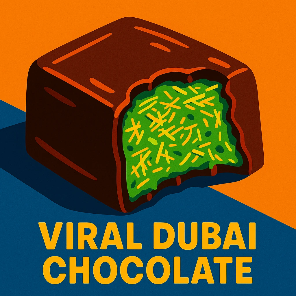 stylized illustration of the viral Dubai chocolate, bitten to show a bright green pistachio kataifi filling (shredded pastry and pistachio), with glossy highlights emoji