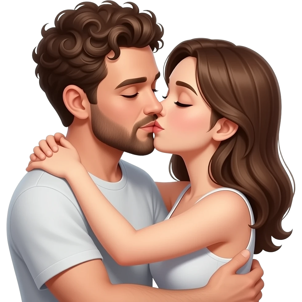 Realistic white man super short curly brown hair with beard kissing passionately and hugging realistic white girl brown hair emoji