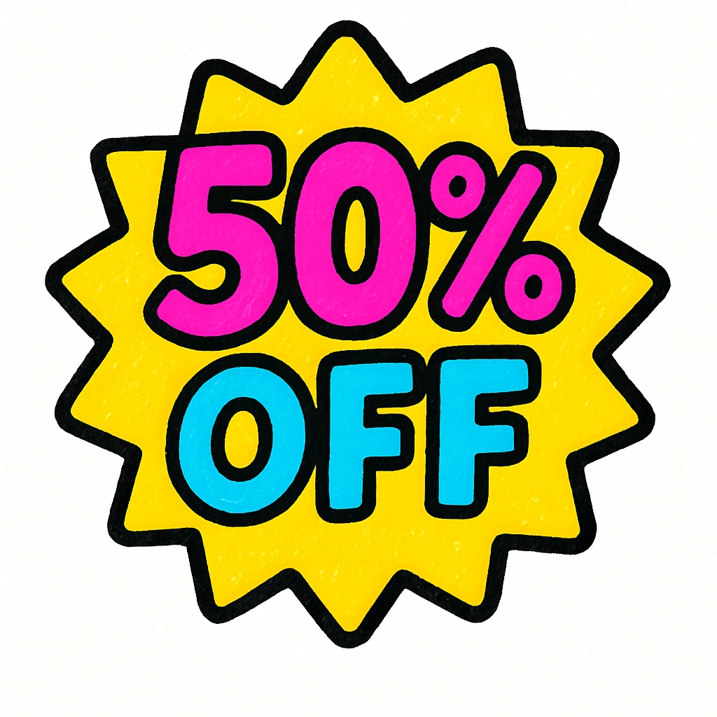 bold, eye-catching '50% OFF' badge, modern style, vibrant colors, suitable for sales and promotions emoji