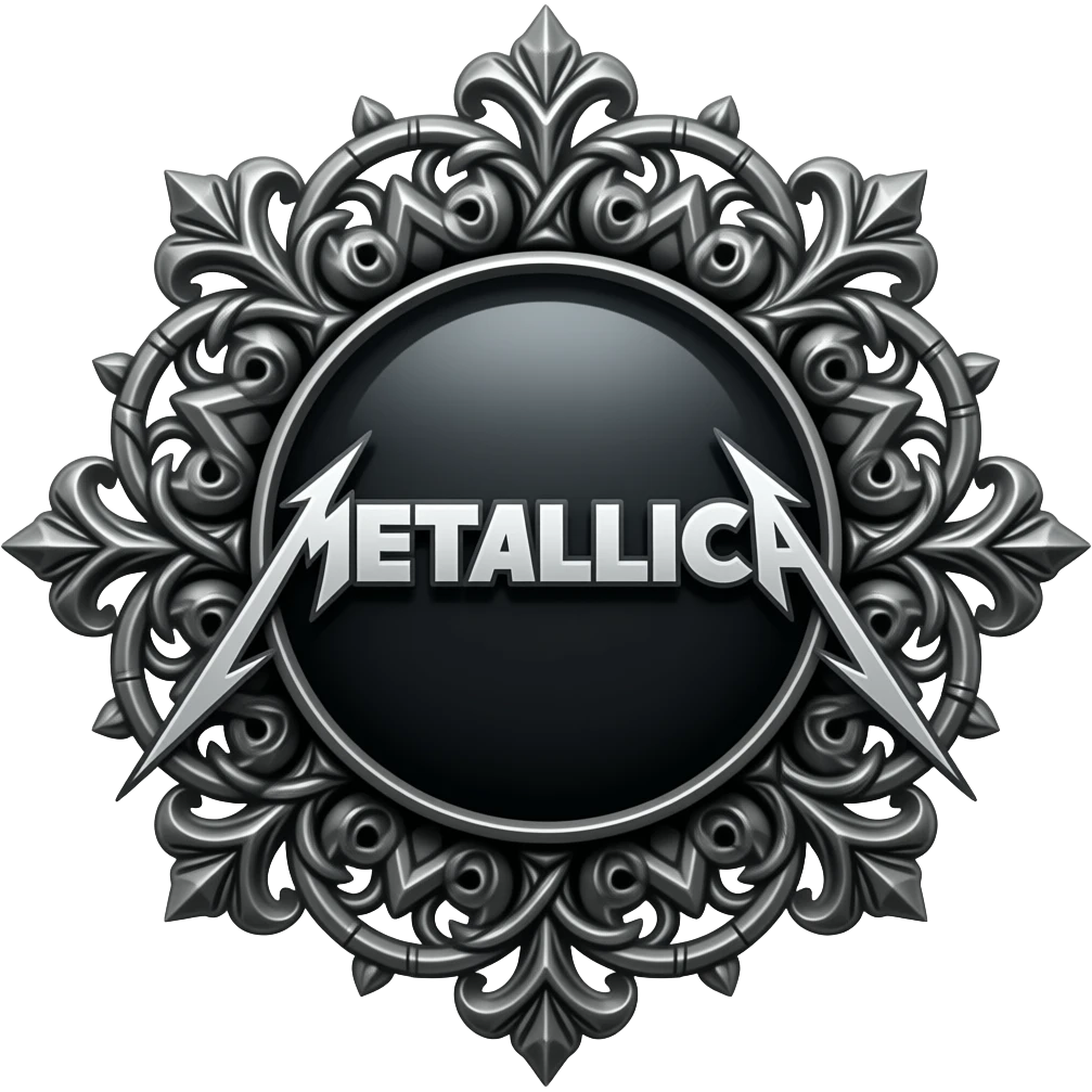a horror symbol for the group Metallica with a lot of arabesques and tendrils around the brooch on which the logo rests emoji