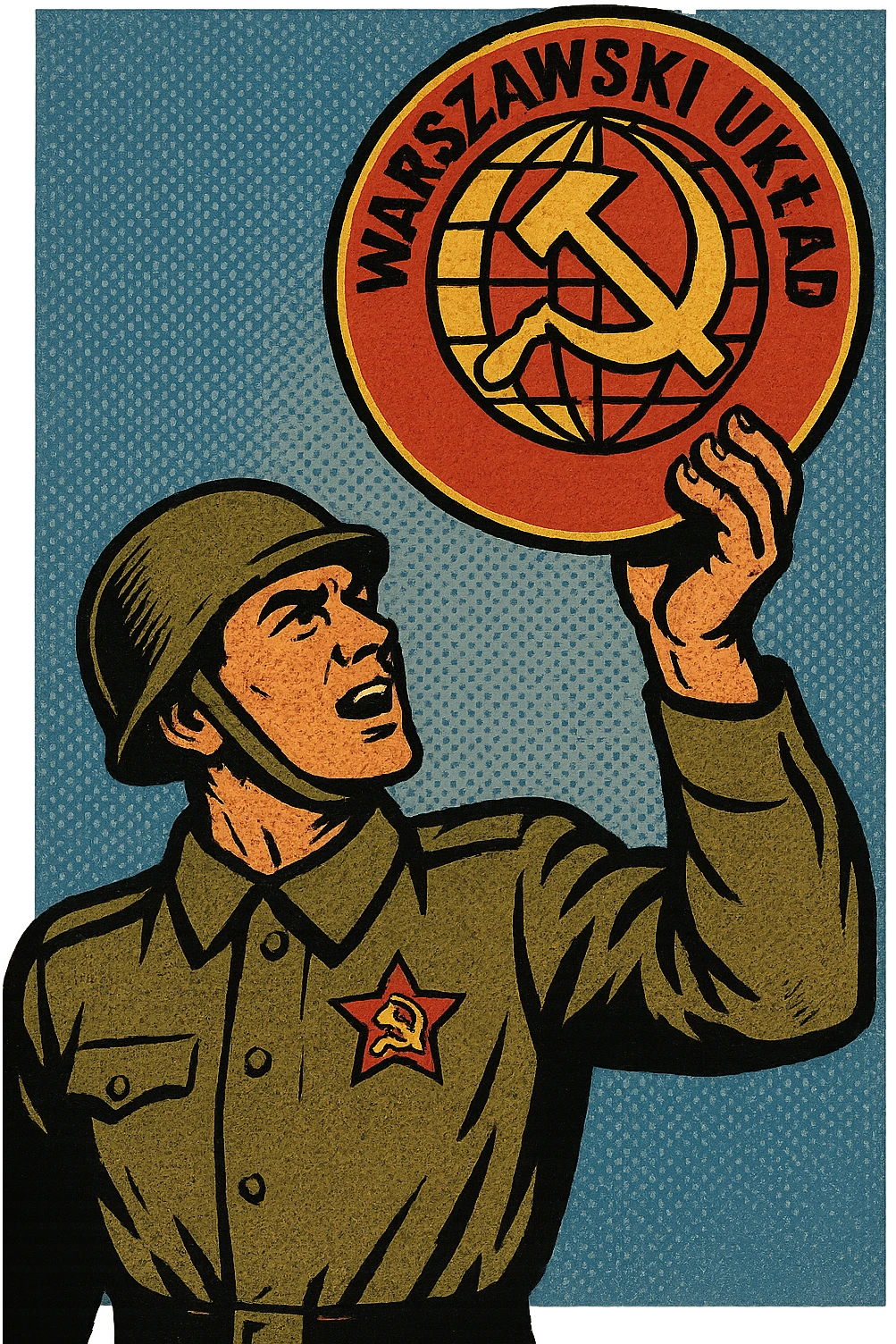 A 1940s Soviet male soldier with a communist party badge holding up a Warsaw Pact emblem emoji