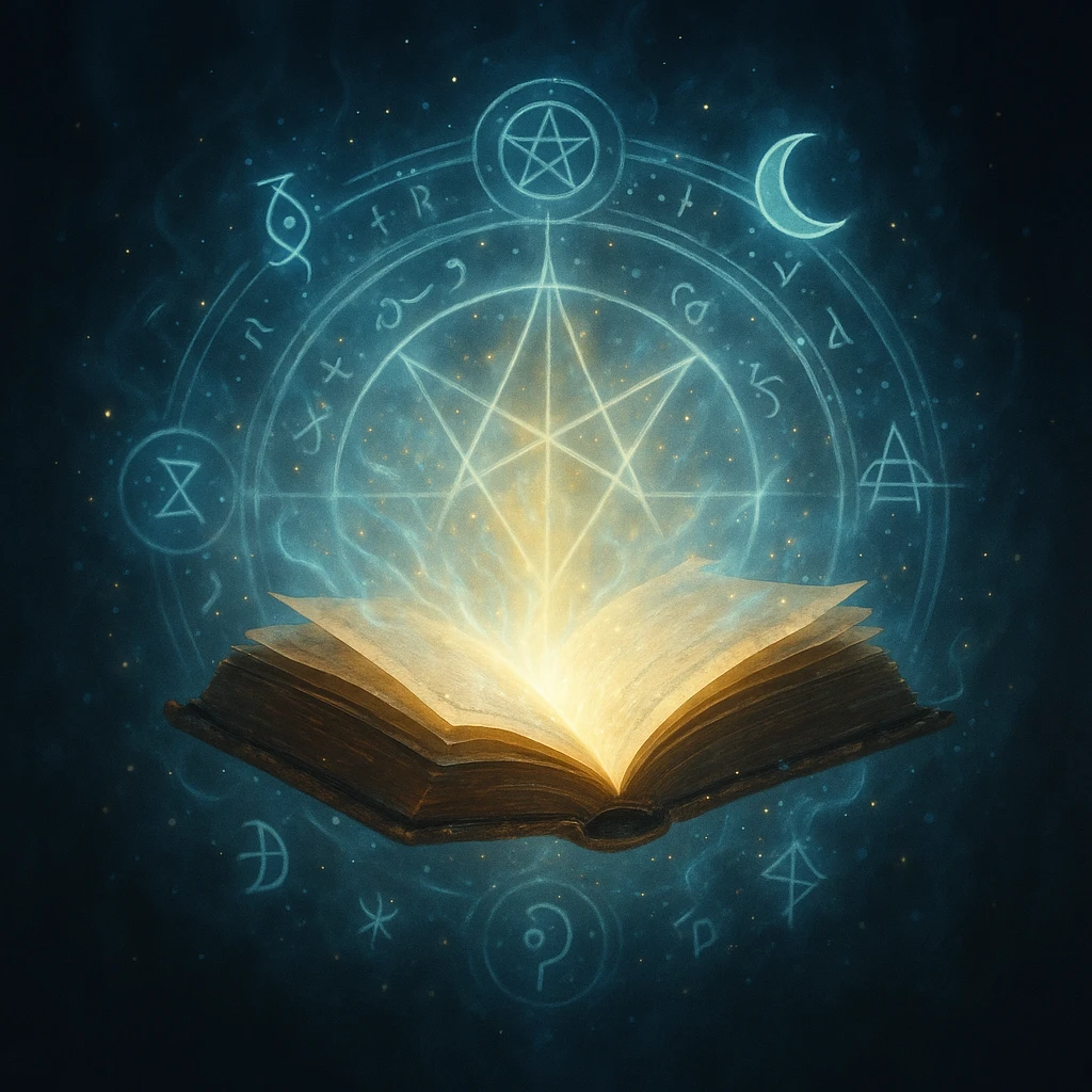 magical glowing book, floating, surrounded by magical symbols, ethereal light emoji