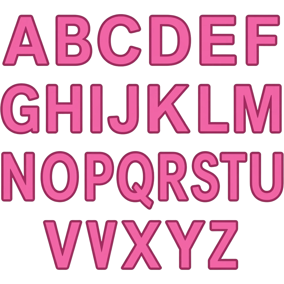 the full alphabet 'A, B, C, D, E, F, G, H, I, J, K, L, M, N, O, P, Q, R, S, T, U, V, W, X, Y, Z' in pink letters emoji