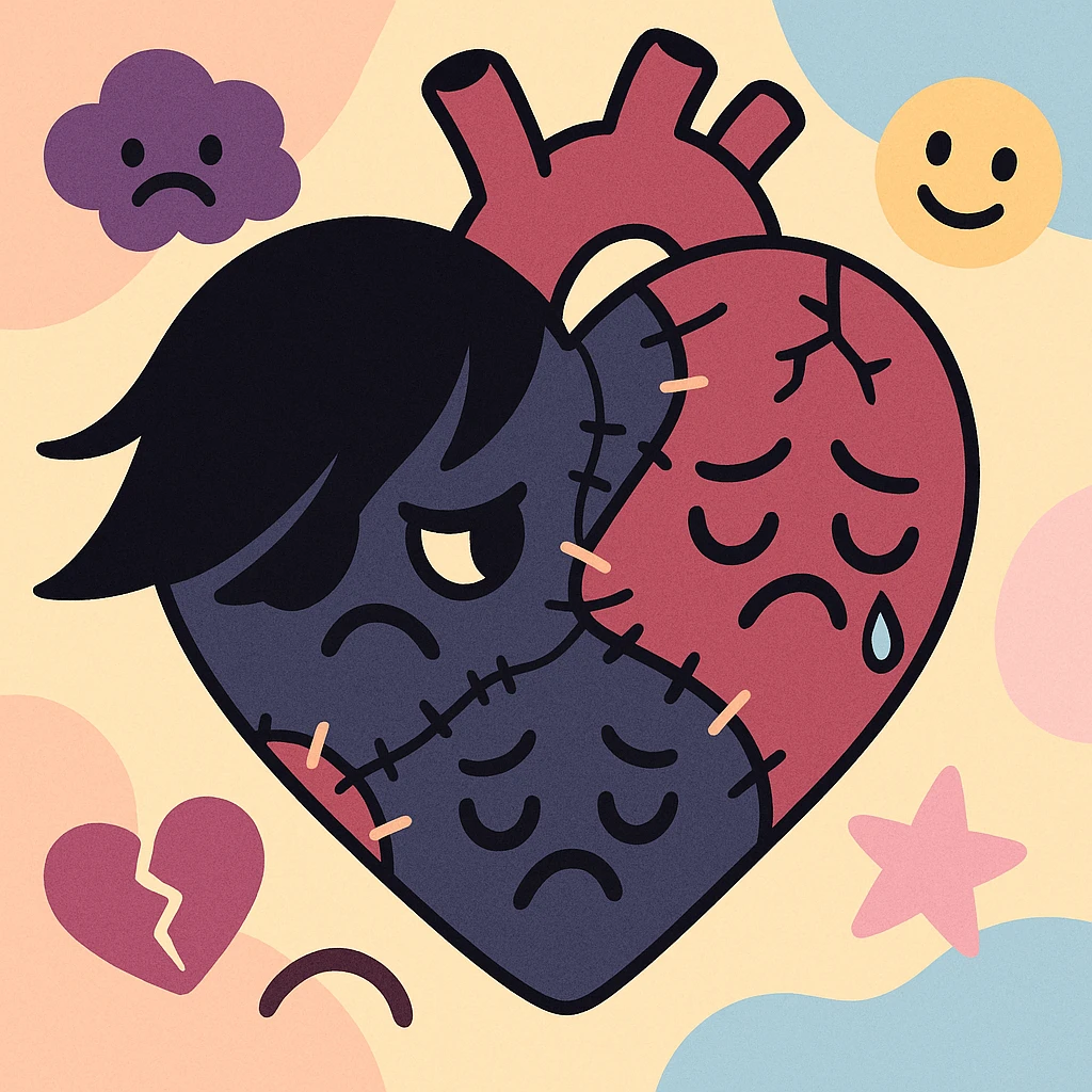 emo heart, black and deep red, stitched, broken or cracked, moody atmosphere, pastel palette emoji