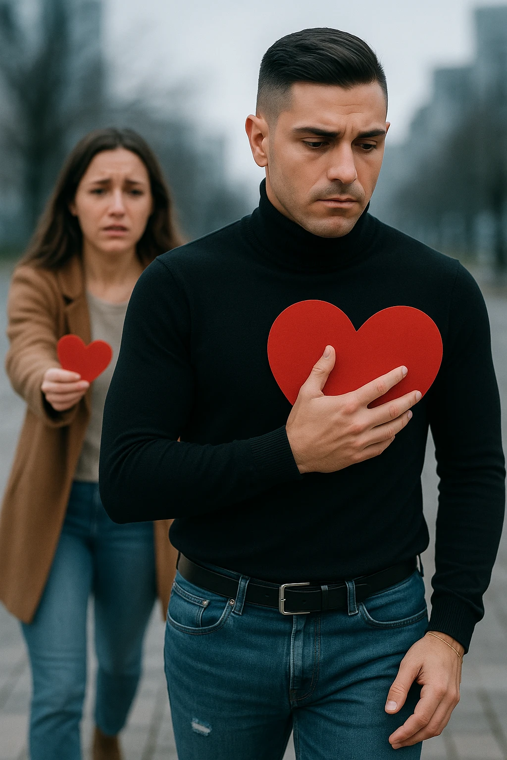 un uomo italiano in abiti casual si allontana da una donna che cerca di abbracciarlo. Lui stringe al petto un grande cuore rosso, mentre lei ne tiene uno più piccolo; entrambi hanno espressioni tristi, e la distanza emotiva è sottolineata da uno sfondo sfocato e freddo. emoji