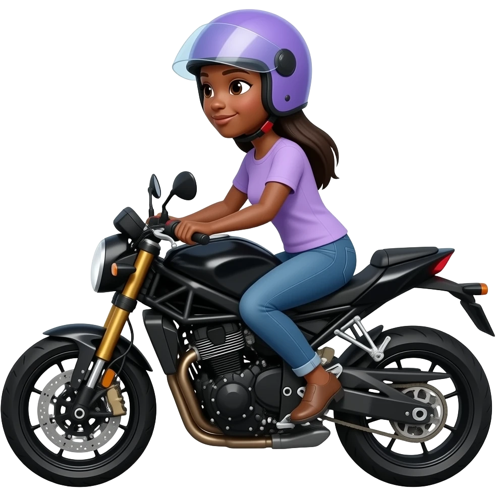 mujer morena y blanca de cabello lacio en moto negra  y con Casco de moto color lila azul emoji