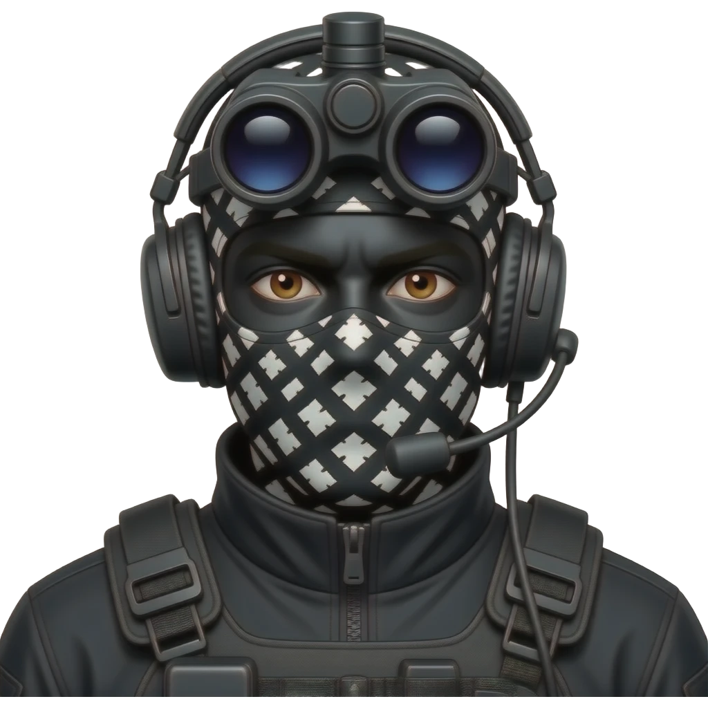 man with brown eyes wearing black clothes, face total painted black and a black and white patterned balaclava and wears a headset and a big black night vision device on his headtop emoji