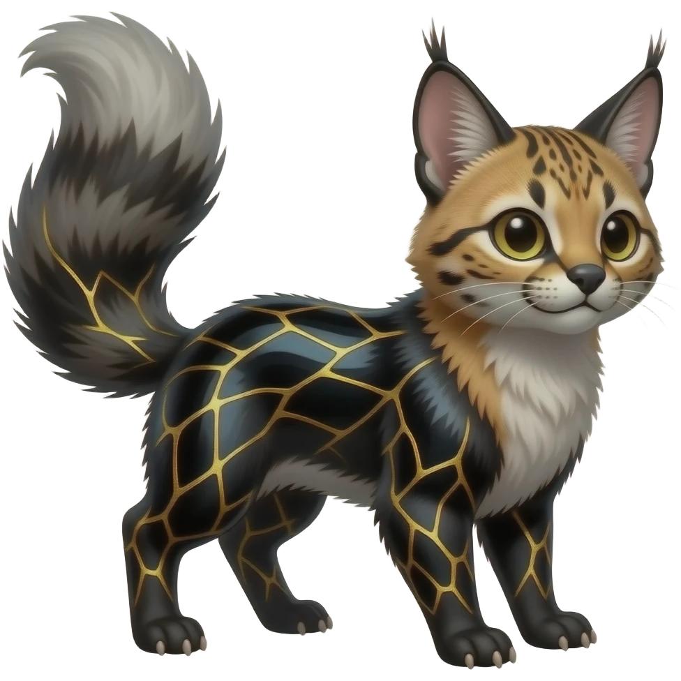 Hyper realistic obsidian fur etched with molten gold fault-lines and dark mirror shine beautiful elegant pretty precious cute Fakémon-Pokémon-opossum-feline-serval-caracal-chinchilla-Furret-Minccino-hybrid-creature with a big fluffy bushy tail (full body) emoji