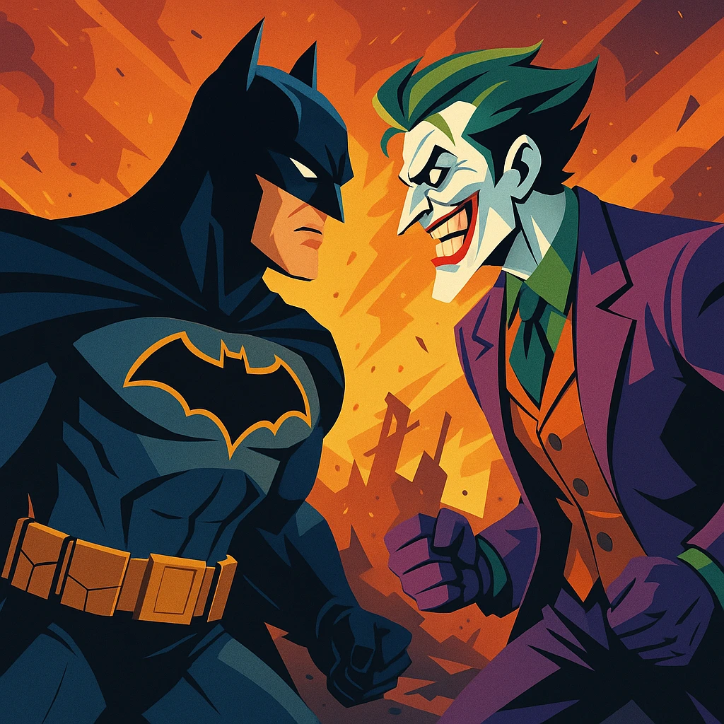 vector art of batman and joker, battleground background 
 emoji