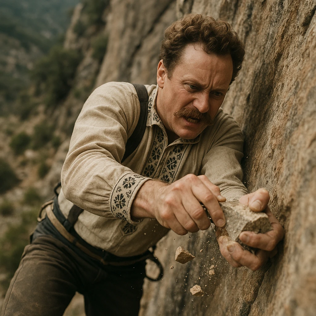 a man flakes off the rock face emoji
