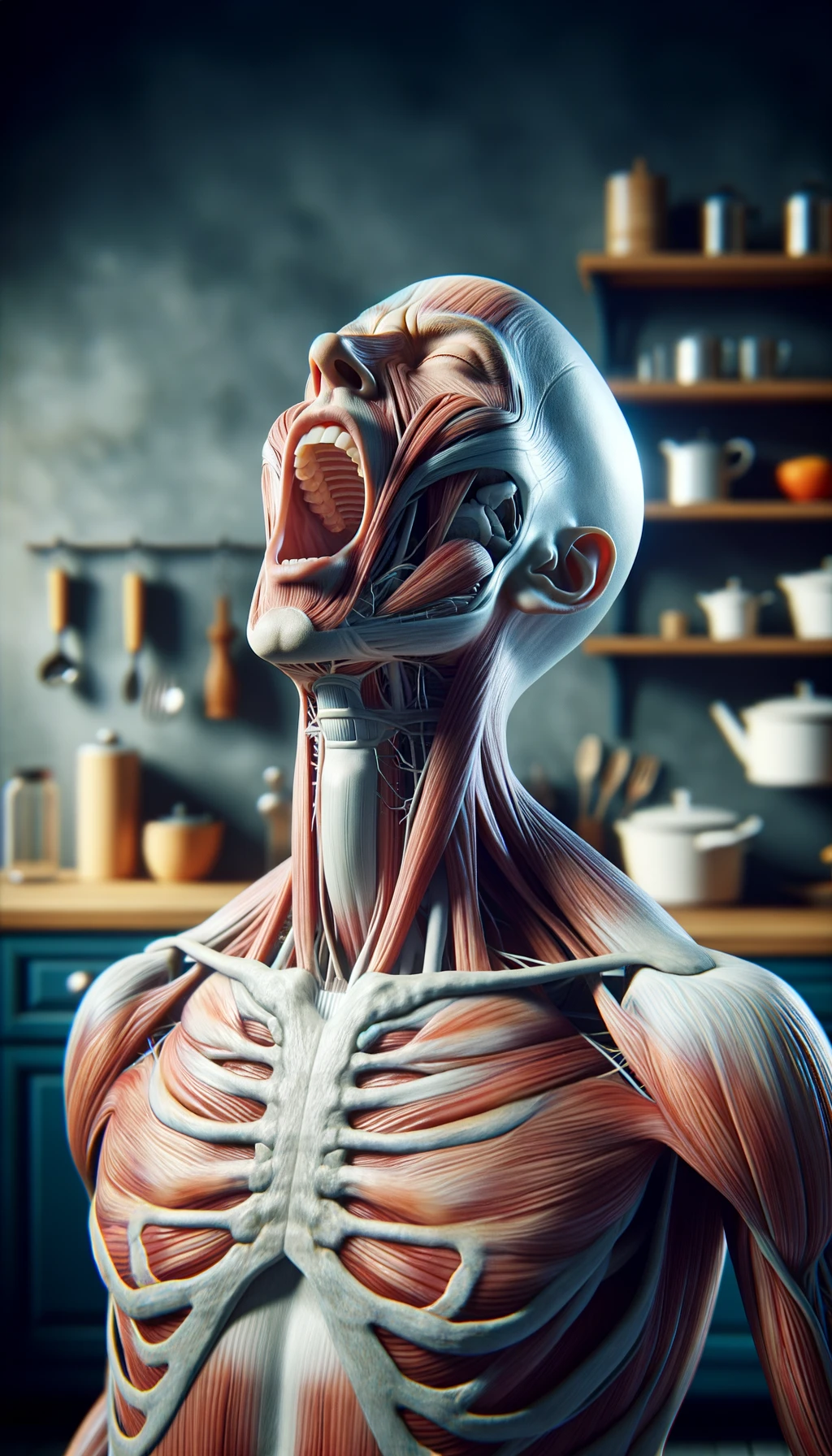 corpo umano anatomico che prende un forte respiro con la bocca tutta aperta, sfondo  della sua cucina sfocata in sottofondo, iperrealistico 4k emoji
