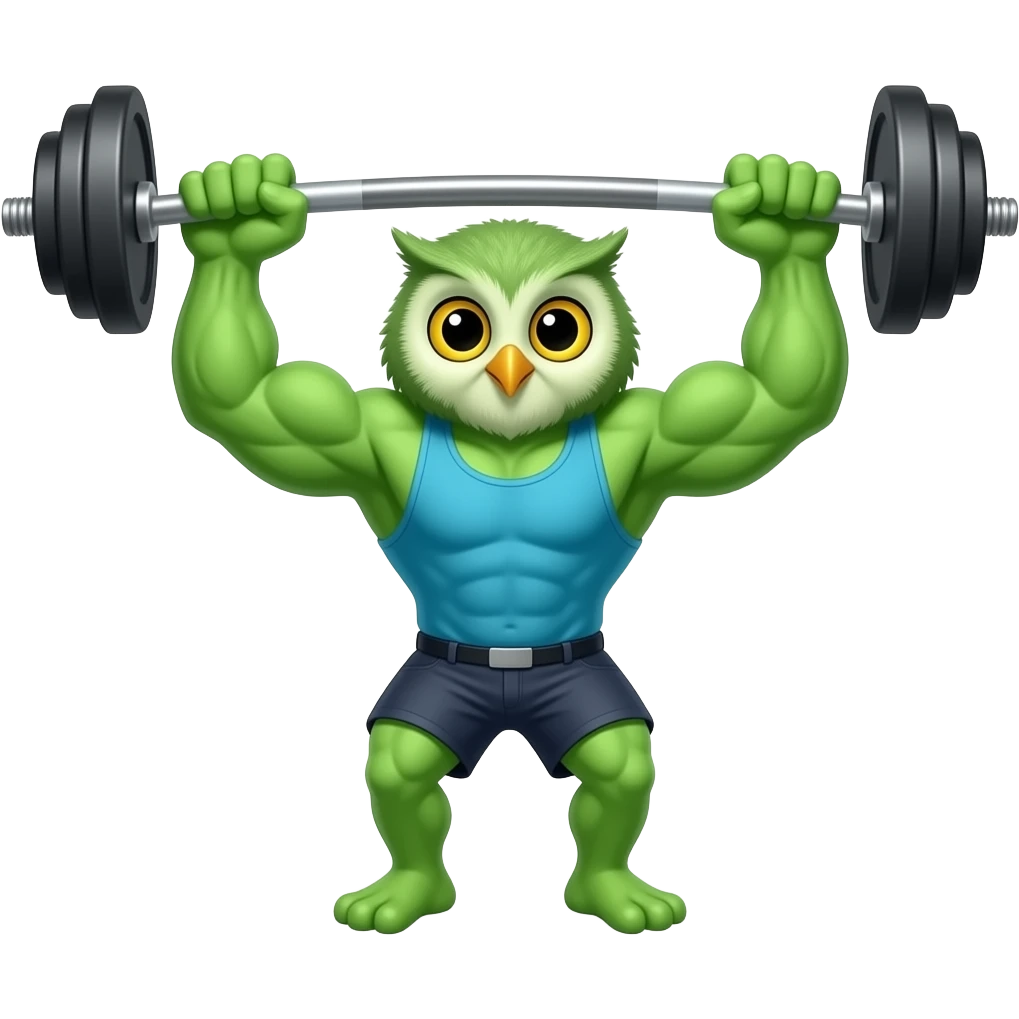Cartoon cute tiny Baby owl Body building Green skin Wight lifting emoji
