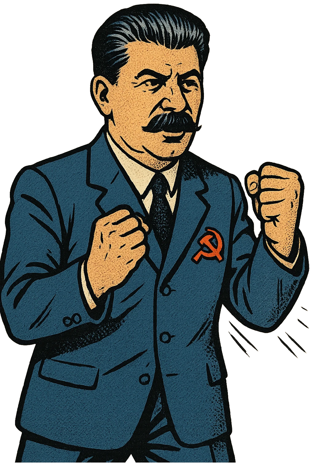 A full body image of a political leader who looks like Joseph Stalin and who is wearing a blue suite with a large badge of the communist party on his jacket.  He will look determined and showing his fists emoji