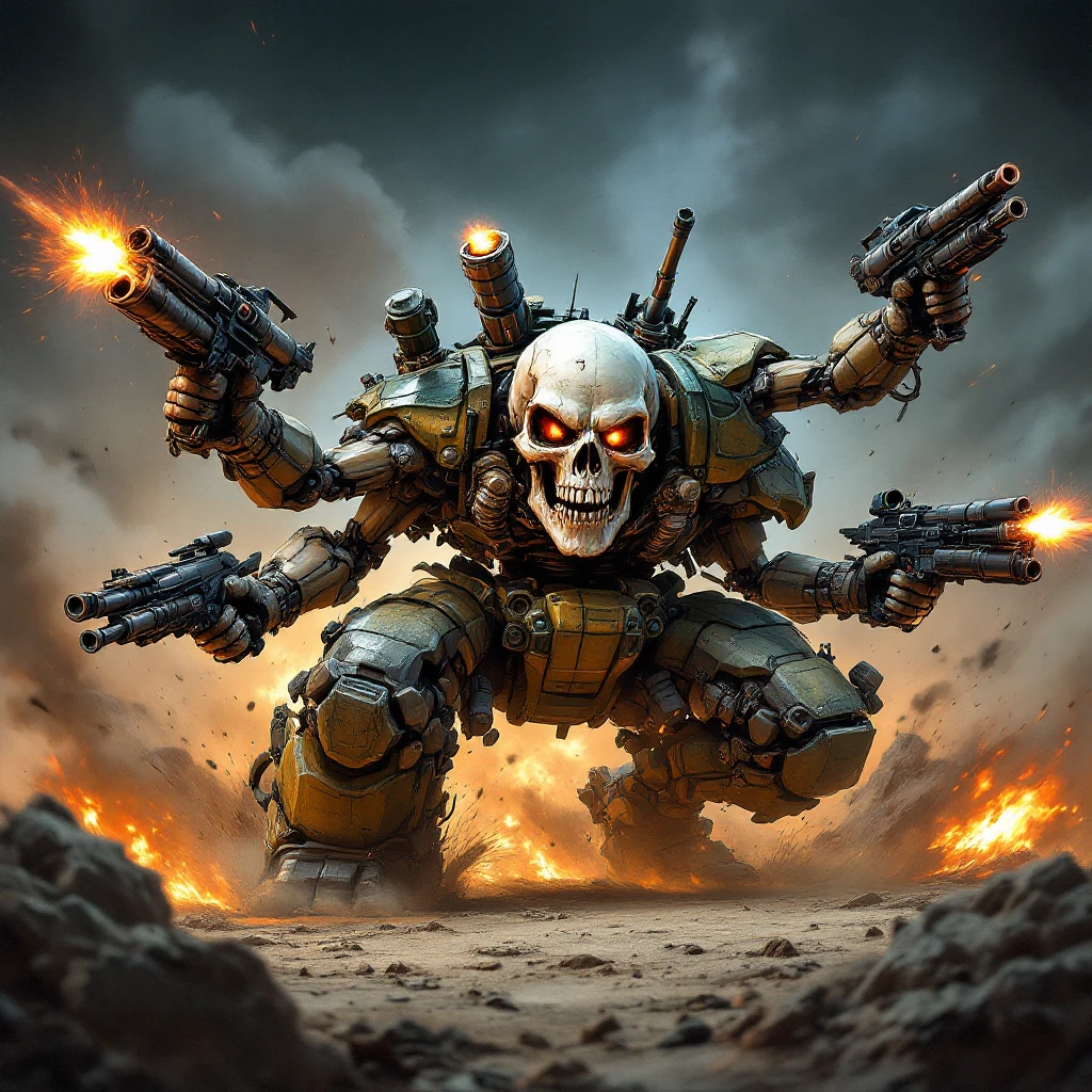 aggressive skull tank in battle, four bulky arms, multiple weapons including guns, cannon, missile rack, dynamic action pose emoji