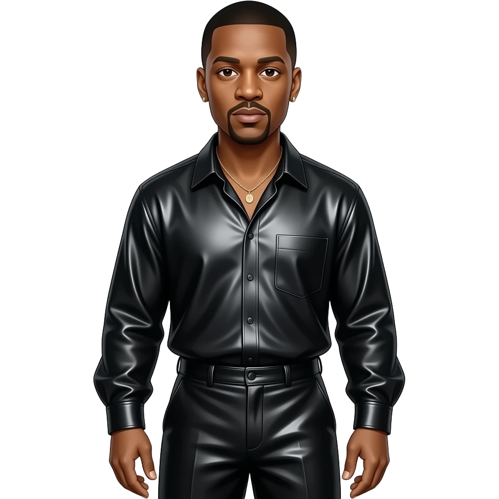 Jay-Z with dark brown eyes, black hair, black metallic blouse, black metallic baggy wide leg pants, necklace and earrings emoji