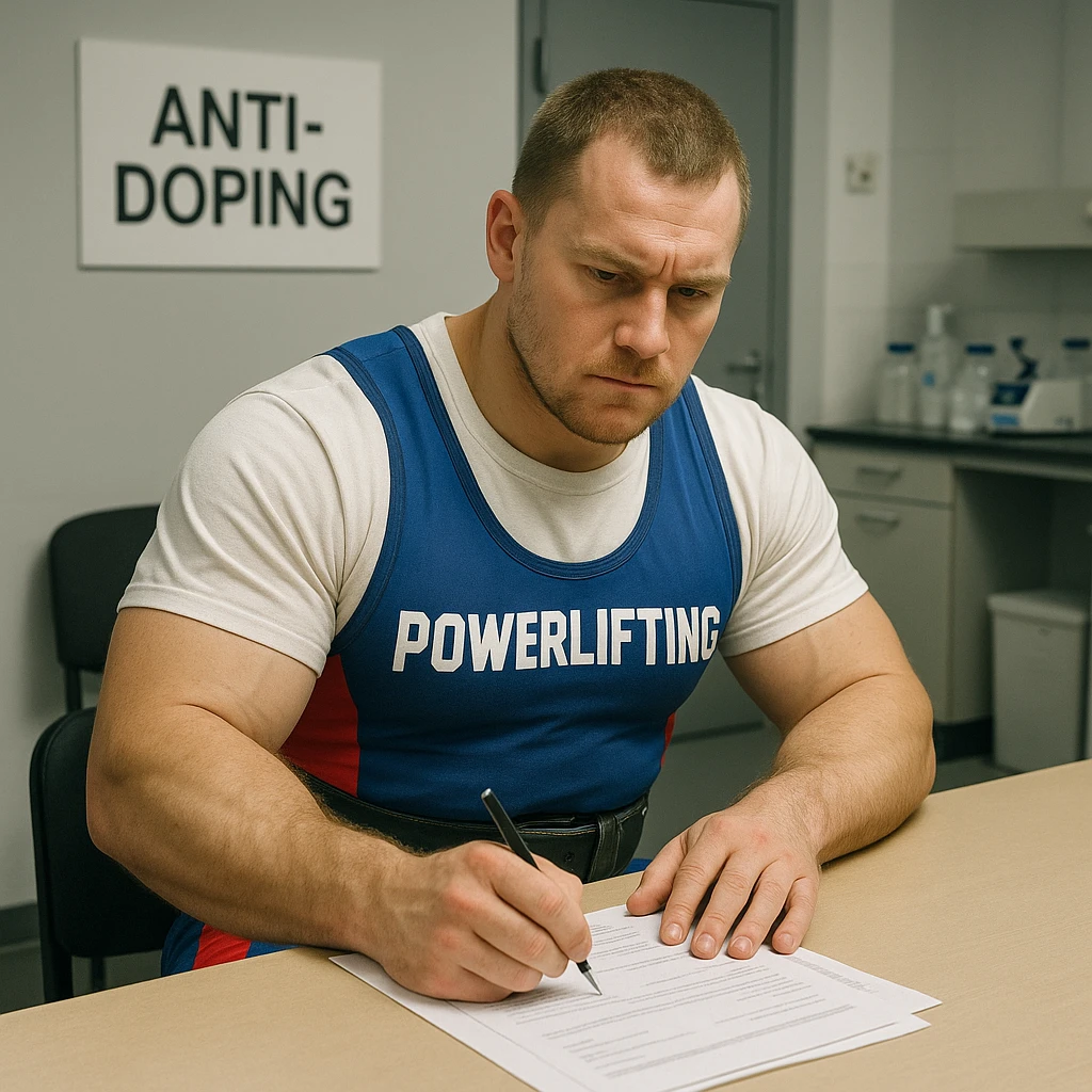 European powerlifter in anti-doping room signing control documents, competition clothing, serious atmosphere, realistic details, laboratory or office background. emoji