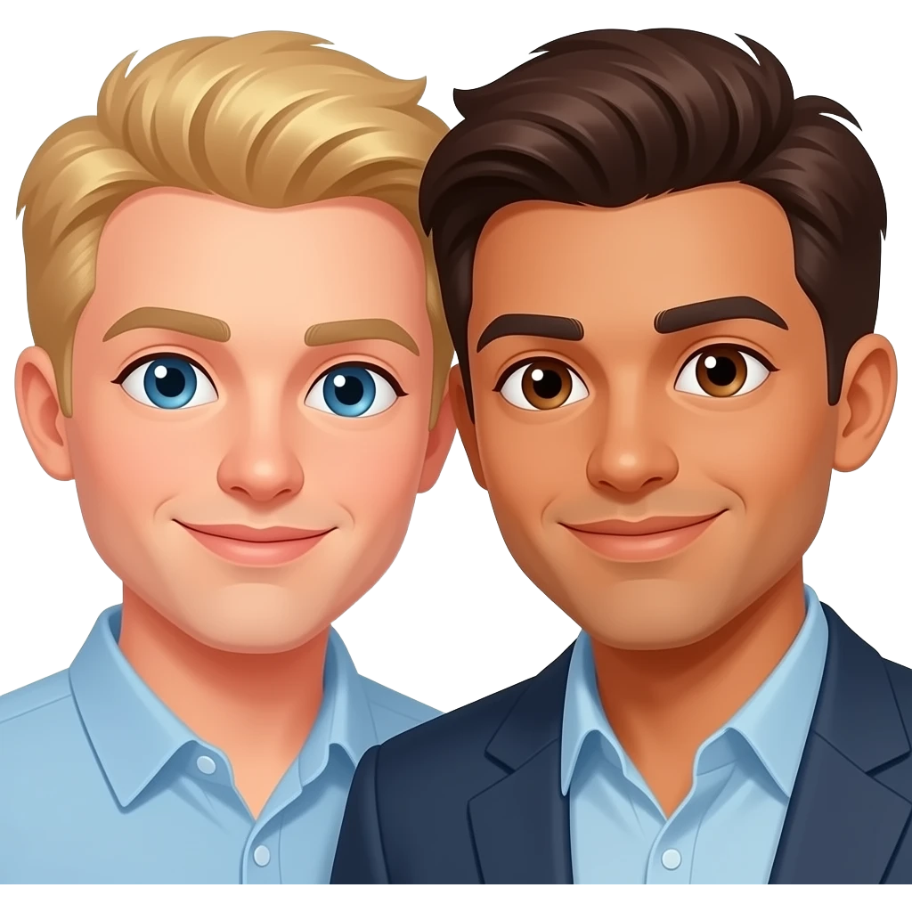 Make a gay couple on a Date , one has light Skin with Blond Hair and Blue Eyes, the other one has slightly brown skin witz dark Brown Hair and Brown Eyes. They are in love. emoji