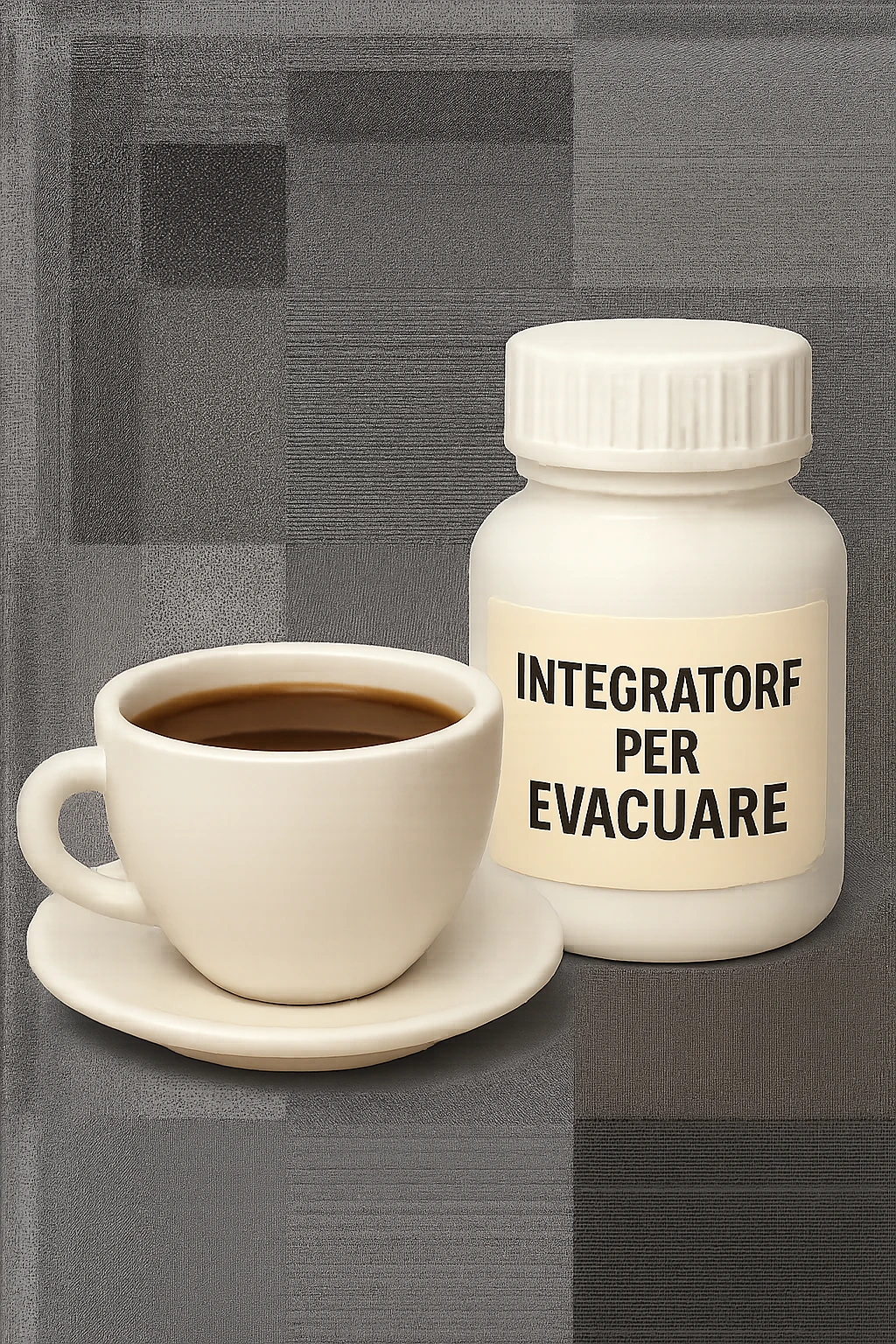 EMOJI STILE IPHONE 3D DI un caffè e di una boccetta di integratore con la scritta "INTEGRATORE PER EVACUARE" SULL'ETICHETTA, iperrealistico 4k emoji