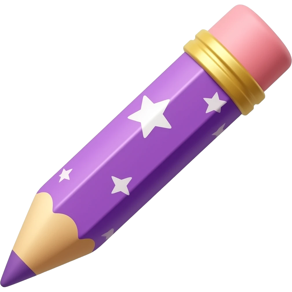 one purple gradient pencil that looks like a magic wand (fairy mood but no actual fairy character) sparkling wand with a star toward top/end of pencil (rubber side) emoji