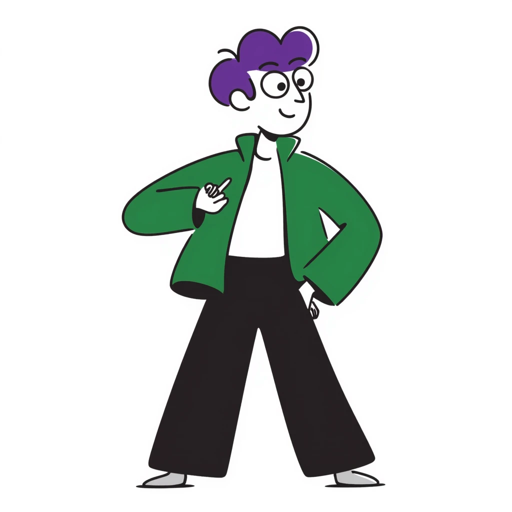 Man with stylish green jacket and purple hair, strong pose, bold expression, modern clothing style emoji