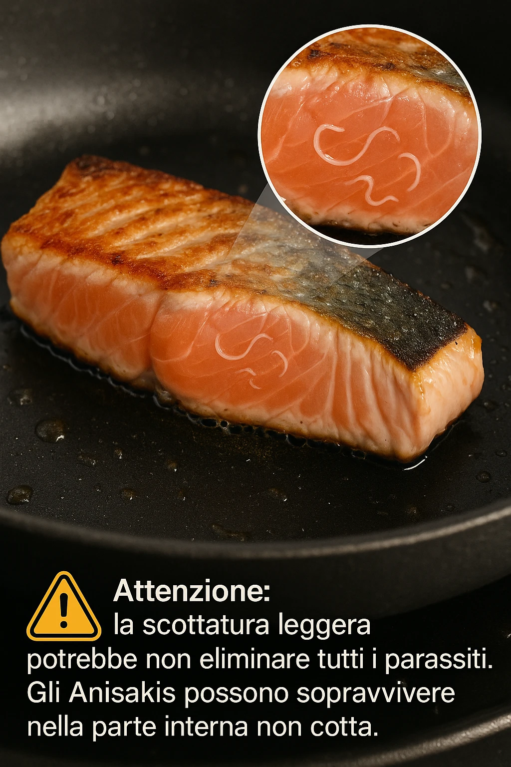 a close-up of a salmon fillet being lightly seared in a hot pan, with the outer layer cooked but the inside still raw. An inset magnifies the interior, showing visible Anisakis parasites surviving in the uncooked portion. A warning icon and educational text explain that searing alone may not eliminate all parasites. in italiano emoji