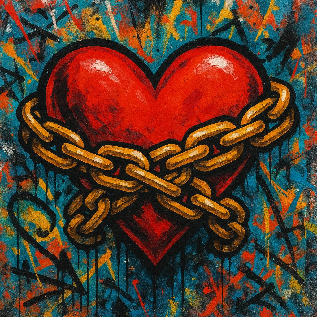 graffiti heart with golden chain, rap atmosphere emoji