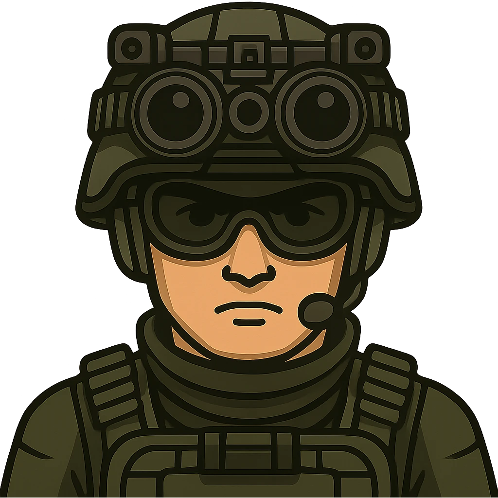 Make the white-skinned male soldier look even cooler and more intimidating, wearing stylish green gear, a distinctive modern helmet, and night vision goggles. Render in emoji style with no background (transparent). emoji